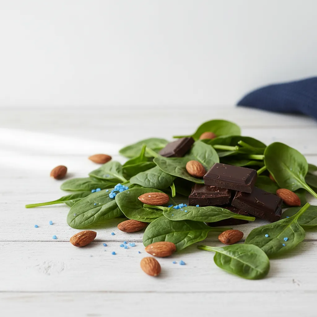Magnesiumrika spenat, mandlar och mörk choklad på ett träunderlag
